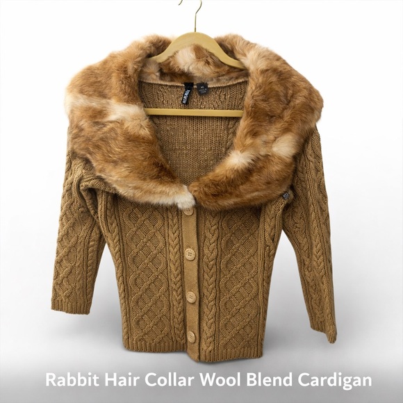 PowWow Sweaters - PowWow Wool Blend Cable Knit Cardigan w/Rabbit Fur Collar | M